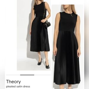 Theory Black Sleeveless Pleated Satin Midi Dress Sz L Like New